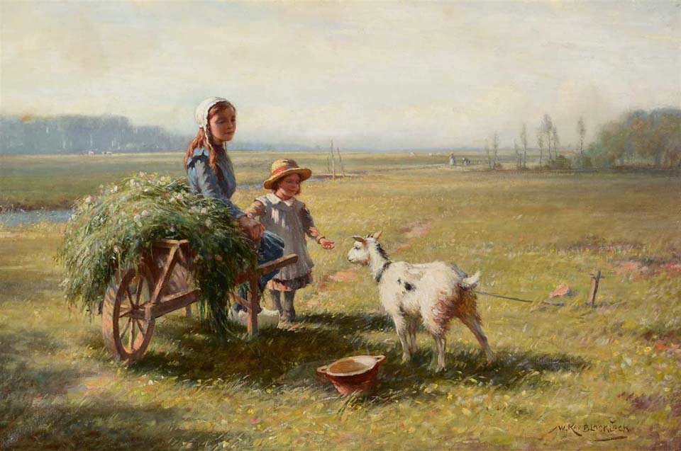 Two girls with a wheelbarrow of flowers peting a young goat
