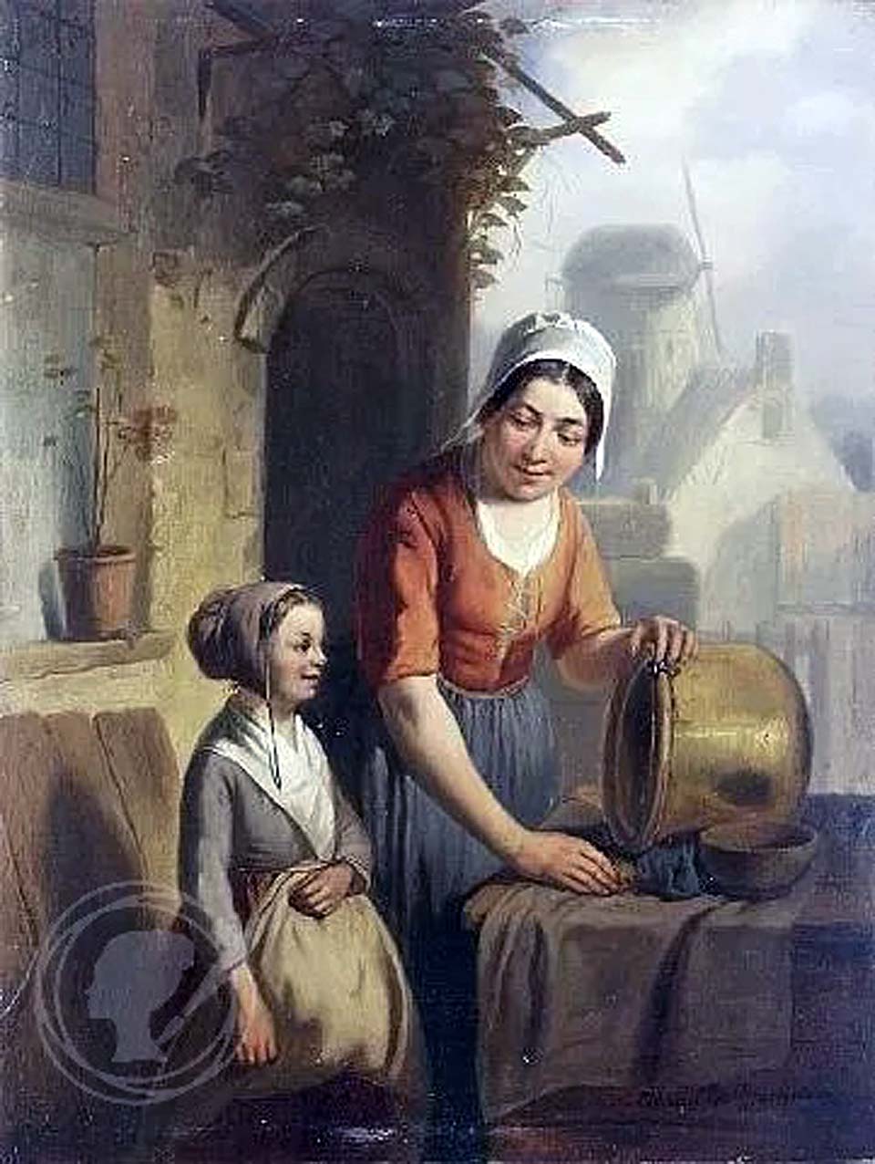 Mother and daughter cleaning a cauldron