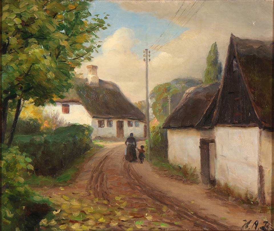 A village road with a woman and child walking hand in hand