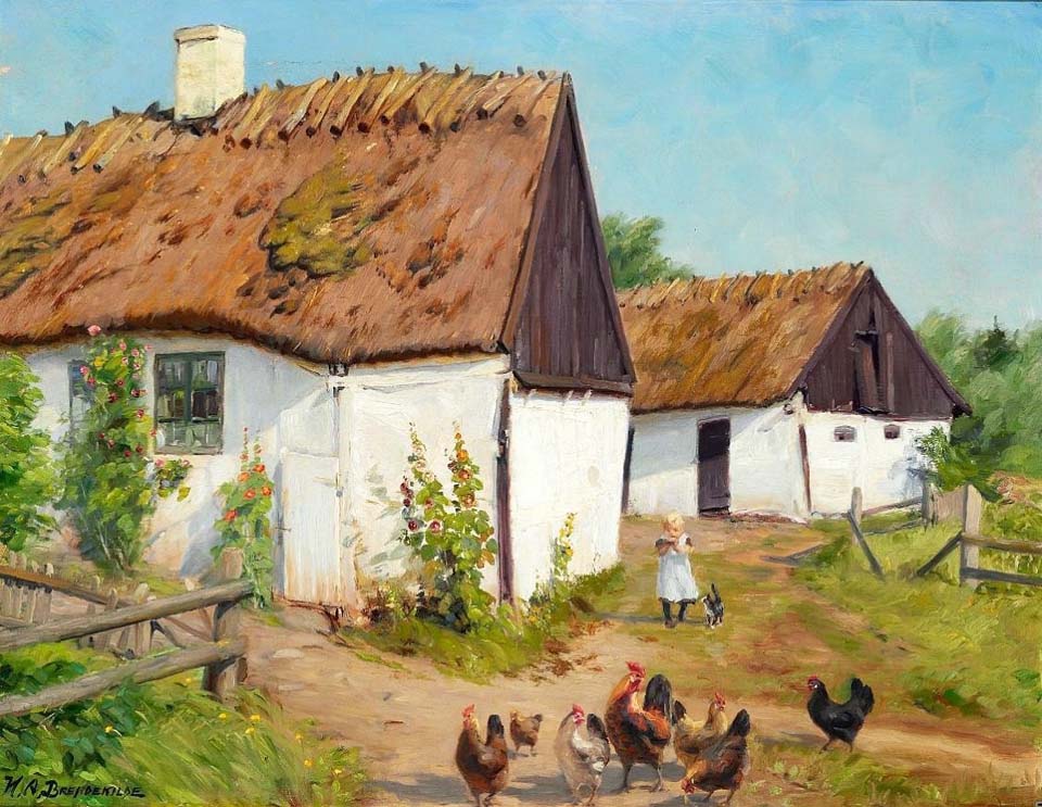 A young girl with a cat and chickens near a whitewashed cottage with thatched roof