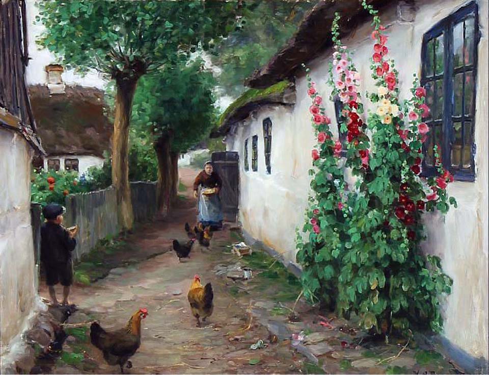 An old woman feeding chickens outside her house