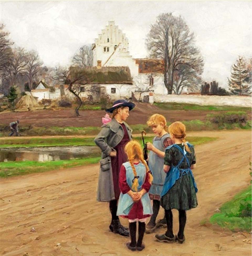 Four girls chatting in front of the village church - detail