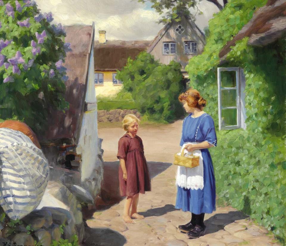Lilacs in bloom and little girls on the village street