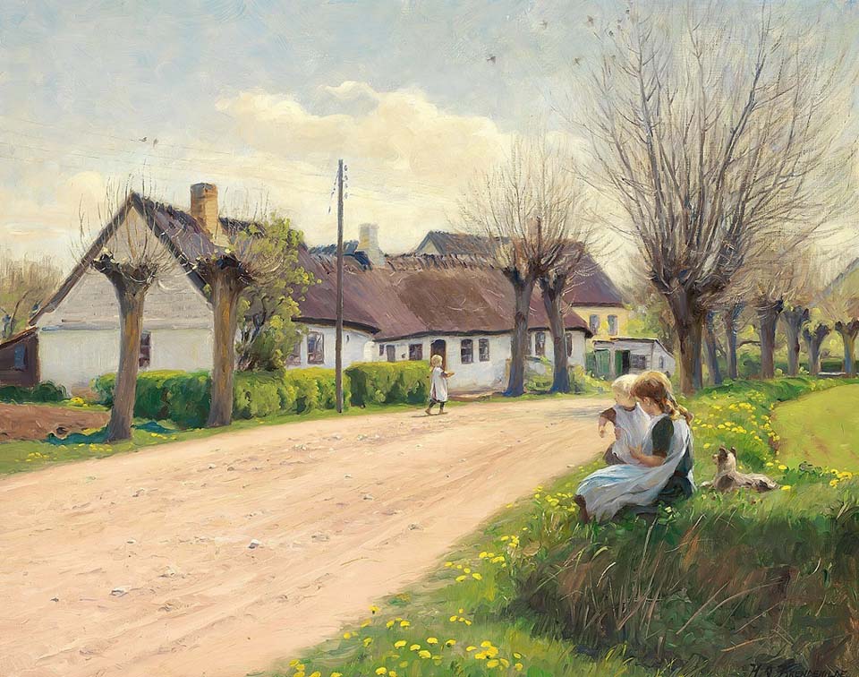 Springtime in a village with girls at the roadside