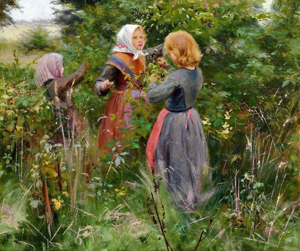 Three little girls picking blackberries