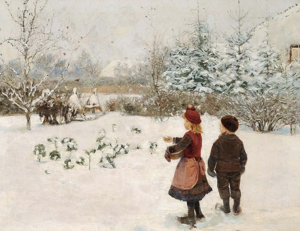 Two children feeding birds in the snow