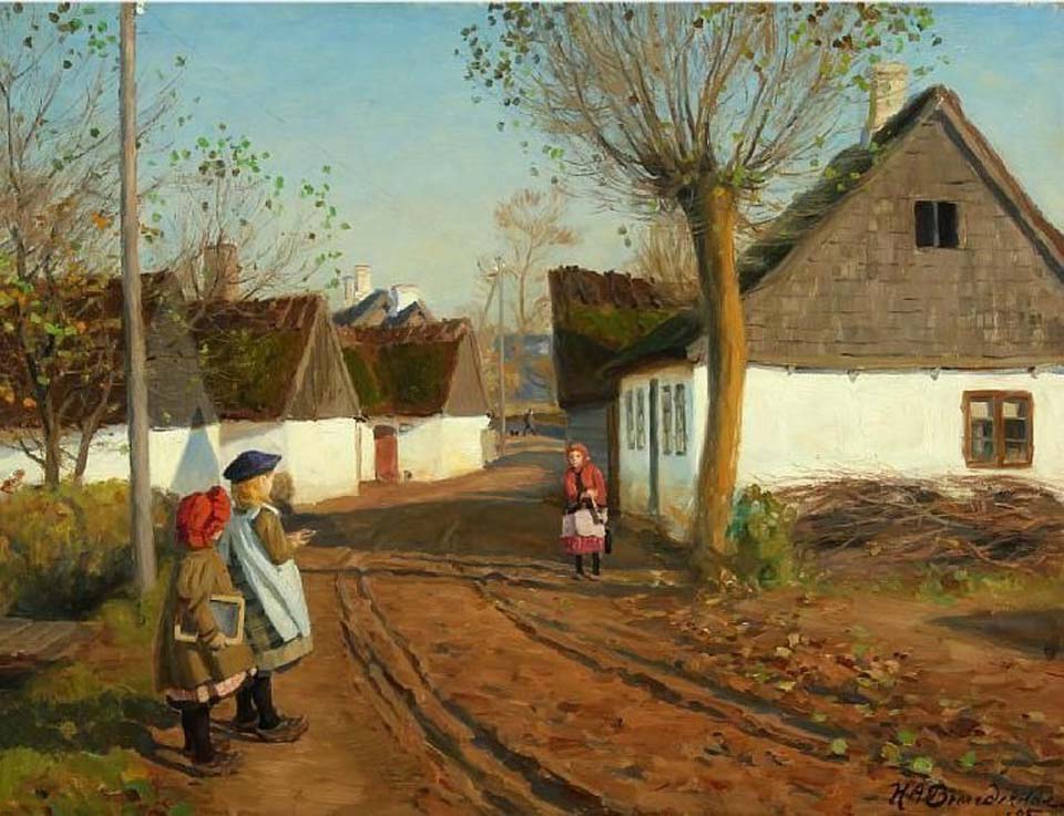Two schoolgirls in the street of the village