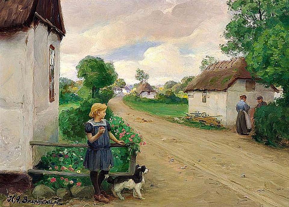 Village street with a girl at a white cottage
