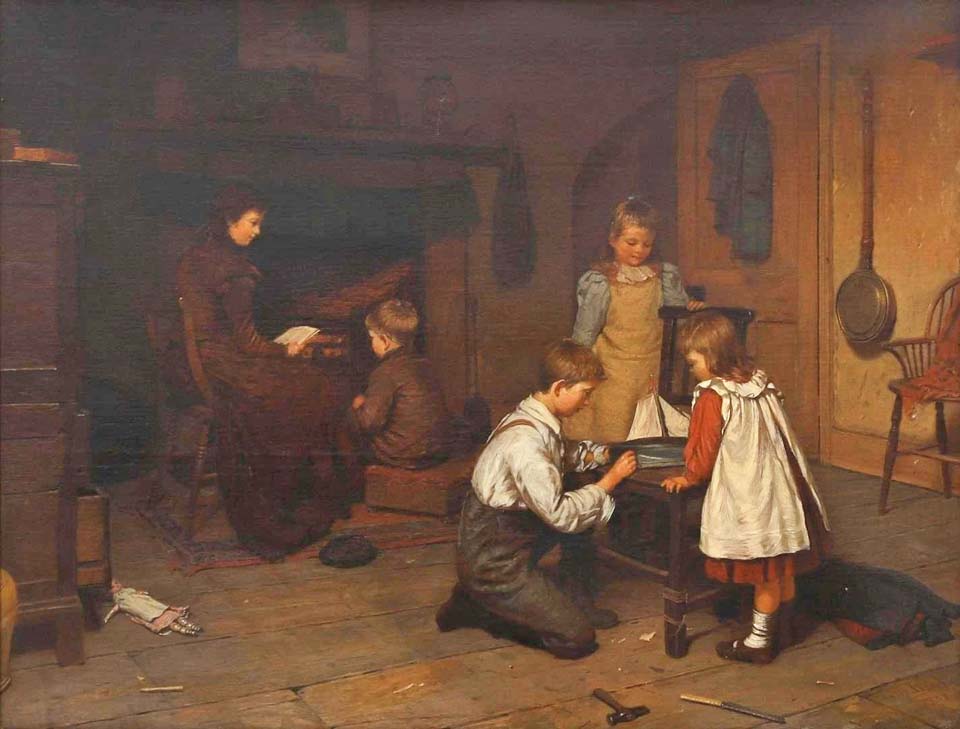 Interior with children repairing a boat by the fire