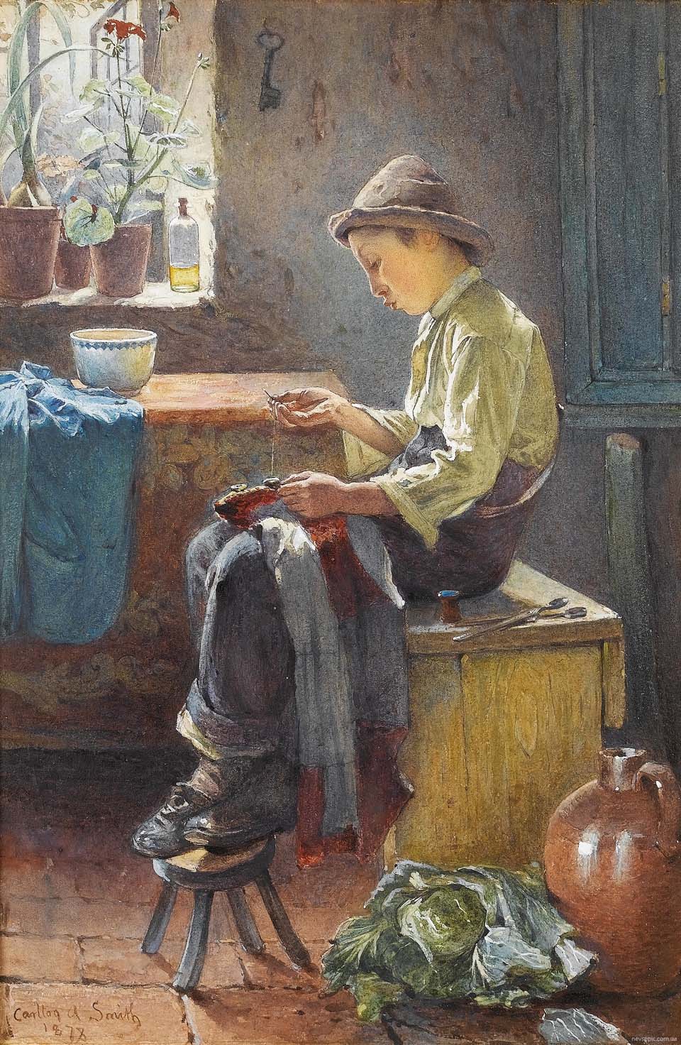 A young boy mending a shirt