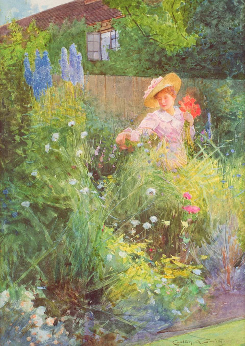 Lady picking flowers in a country garden