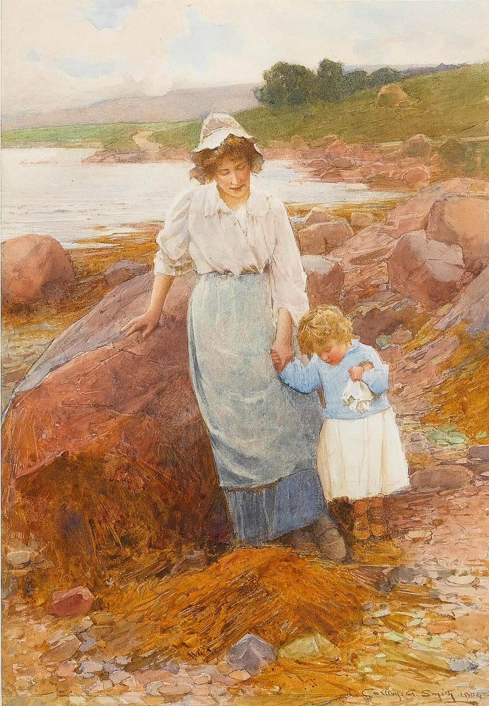 Mother and child on shore