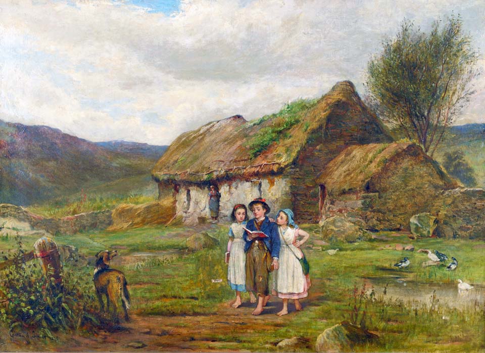 Three children and a dog beside a scottish croft