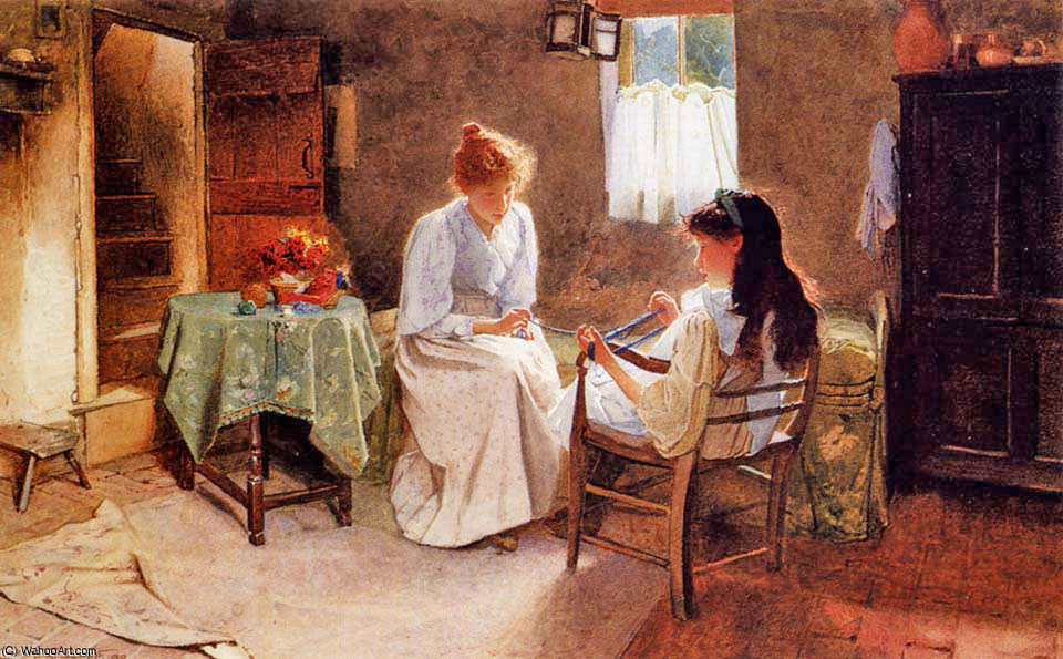 Two girls in an interior winding a woolen skeyn