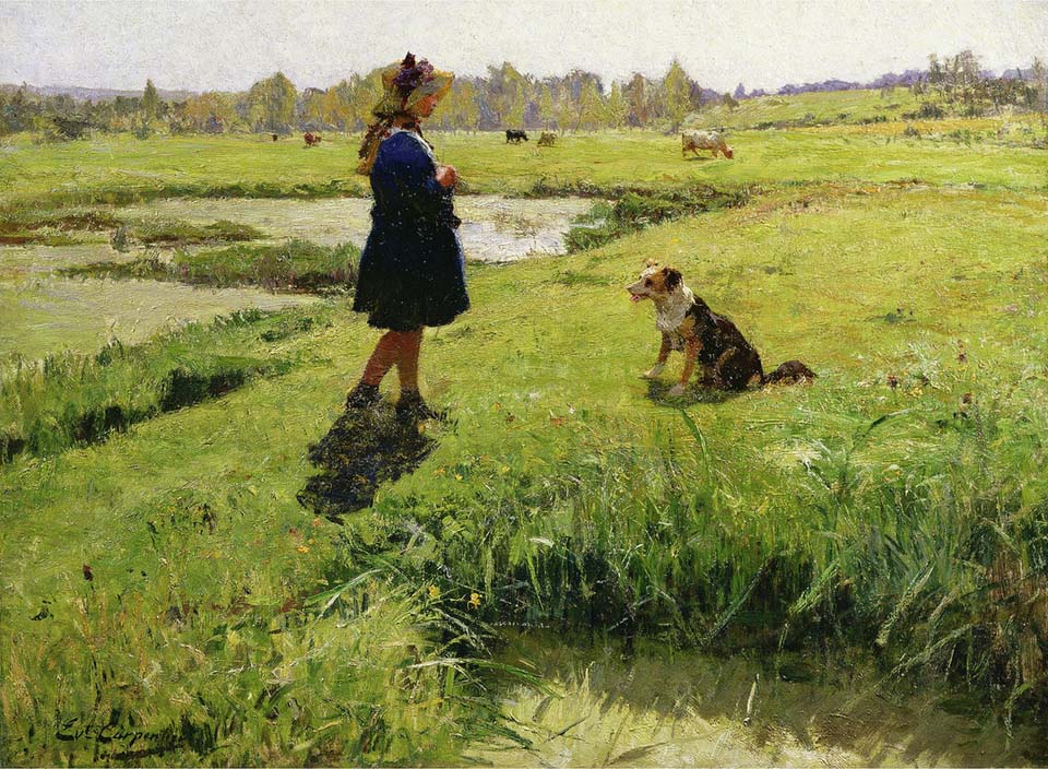 Jeune fille et son chien dans la prairie