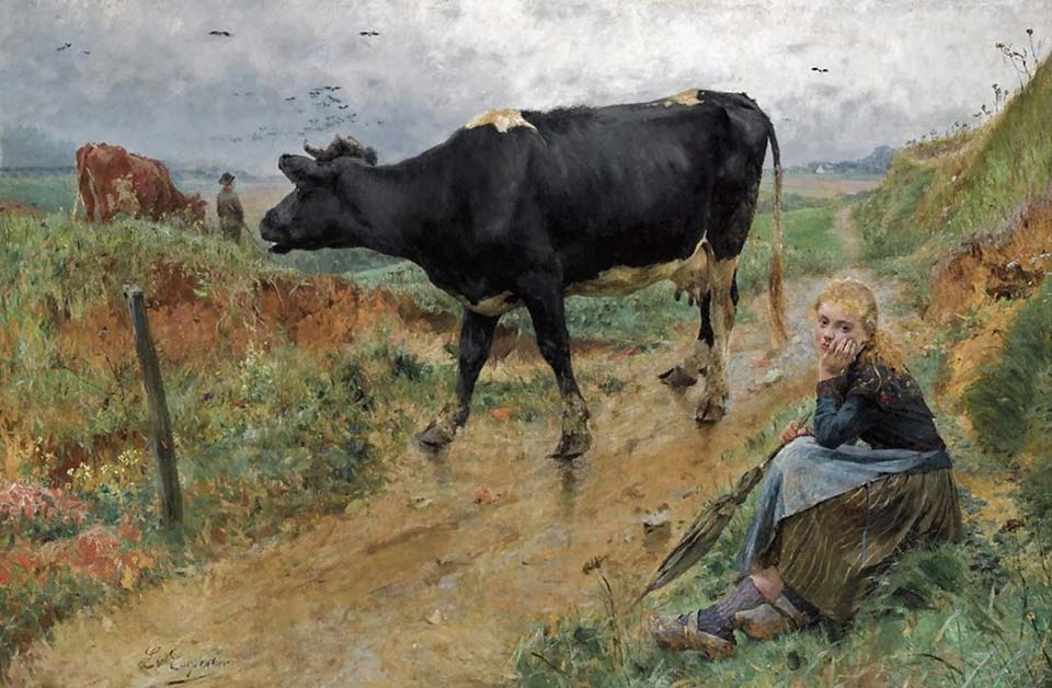 Une bergère et sa vache