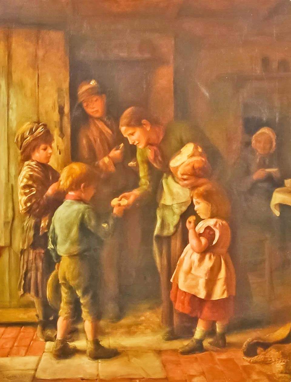 Cottage interior with mother giving bread to children