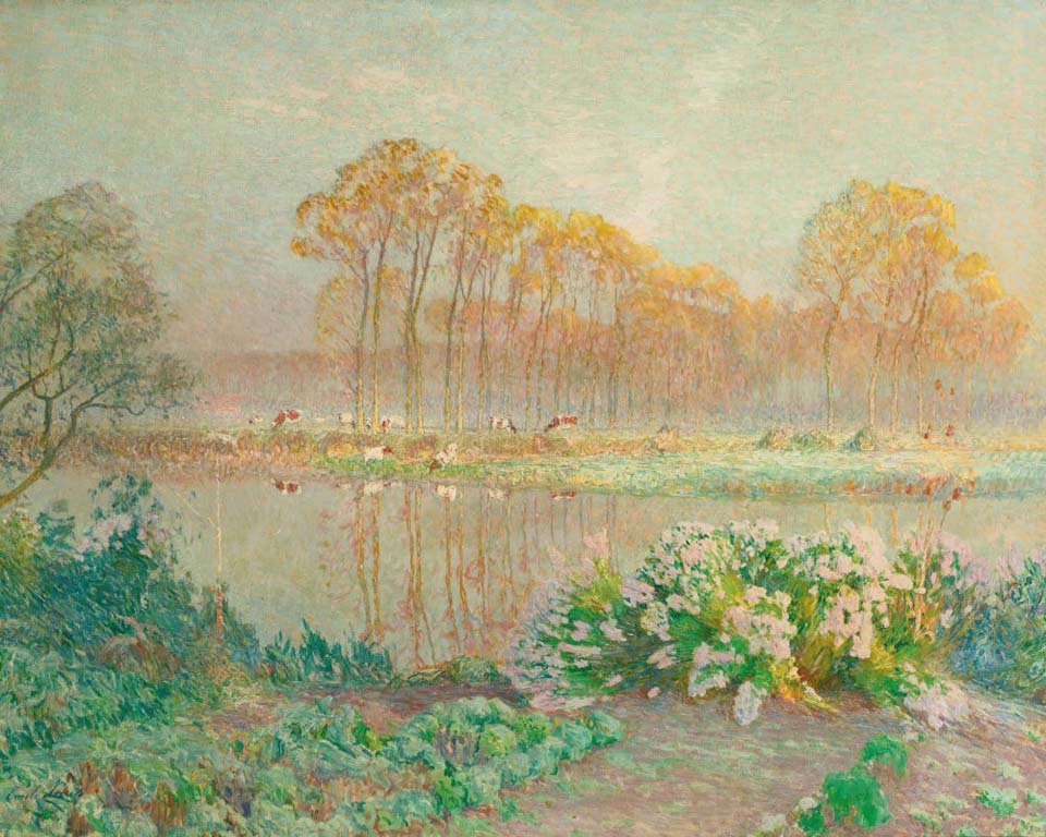 Paysage avec étang et fleurs