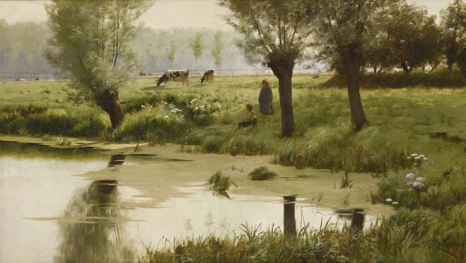 Scène pastorale avec des enfants et du bétail au bord d'un étang