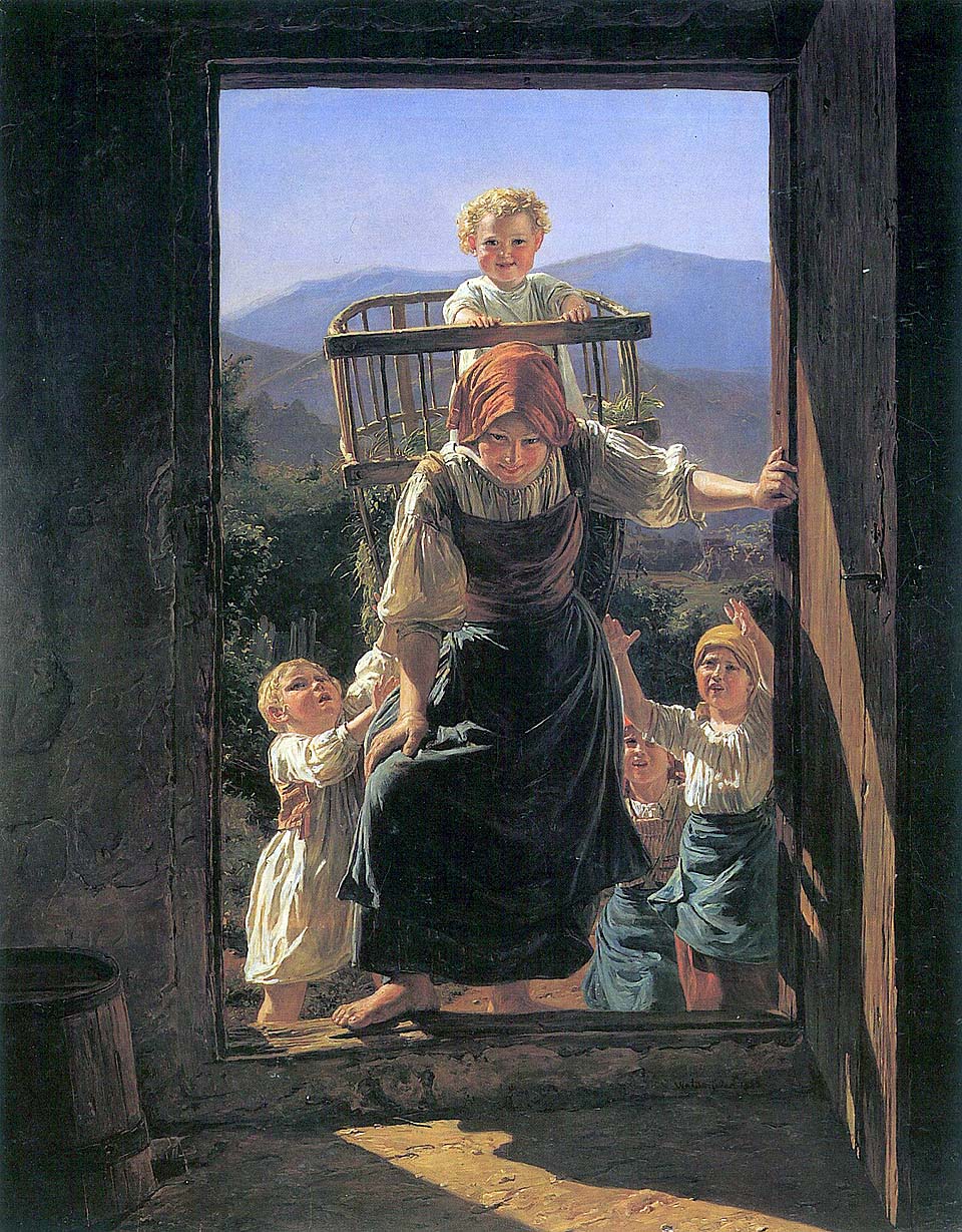 Mother returning home with her children
