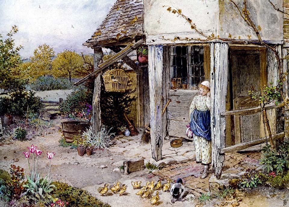 Girl outside a cottage