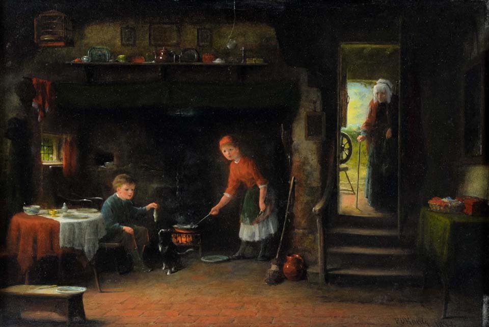 Cottage interior with figures by a kitchen fire
