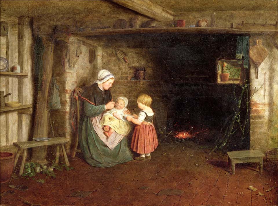 Expectation - Interior of a cottage with a mother and children