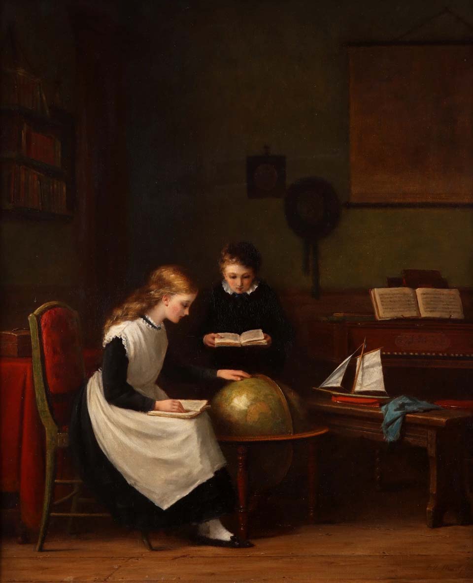 Two childen studying with a globe and piano