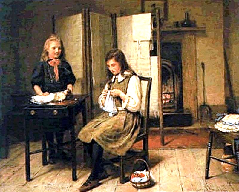 Interior with two small girls sewing and doll