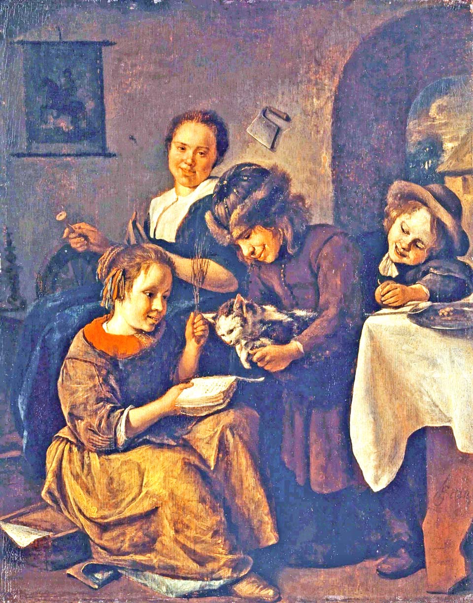 Enfants apprenant à lire à un chat - 1665-68