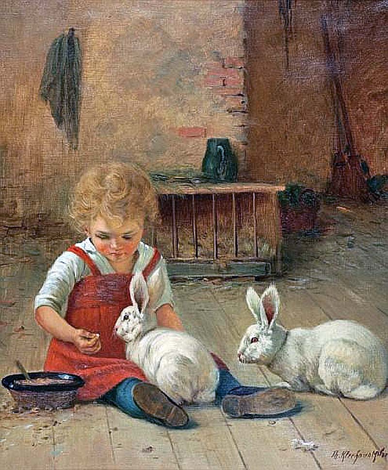 Girl playing with two rabbits