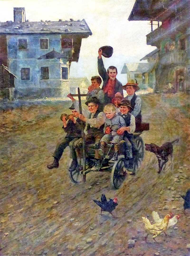Village street with 8 boys on the cart on an adventurous journey