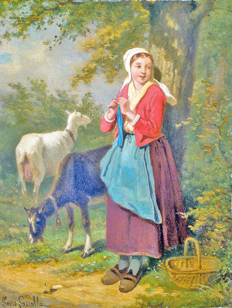 Young peasant woman with two goats
