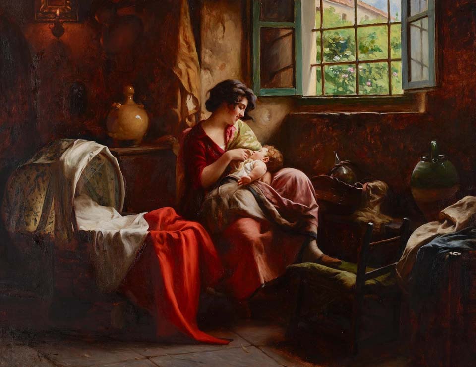 A mother tending her child in a sunlit interior