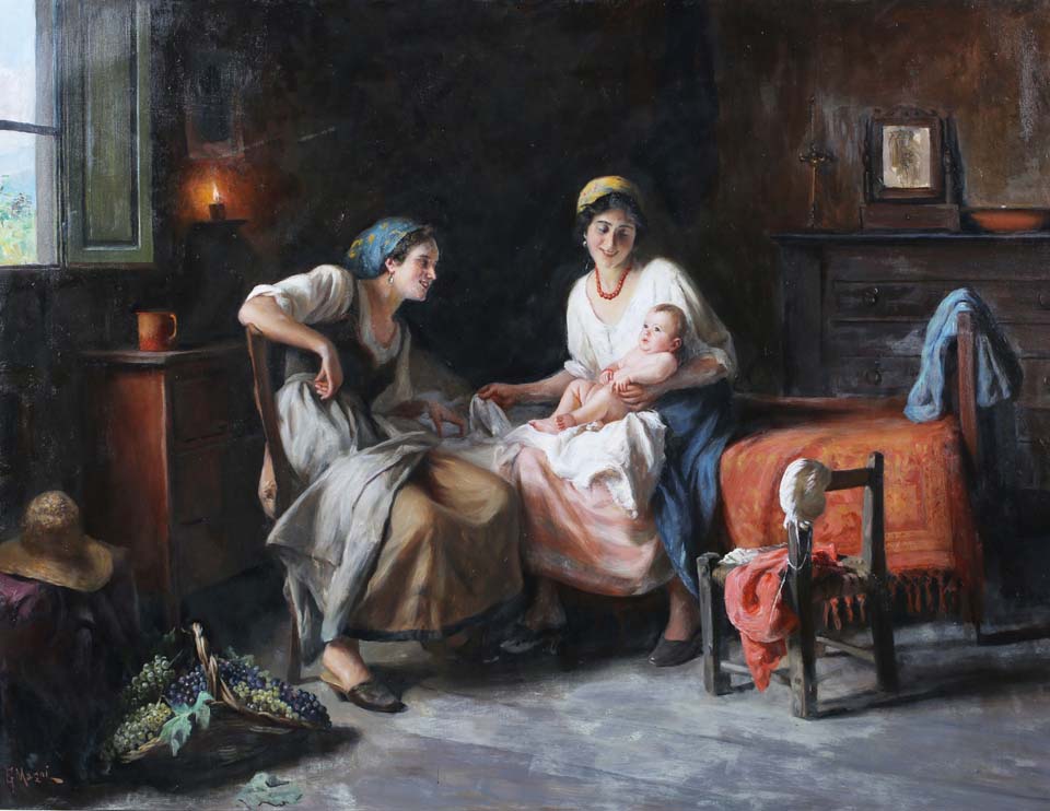 Interior scene with two women and a baby