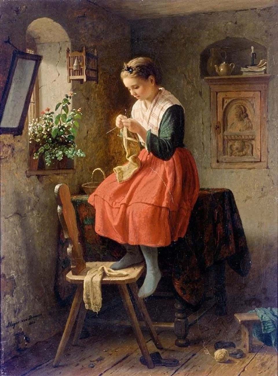Girl knitting by a window