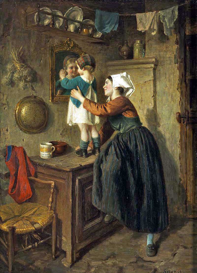 Woman and child before a mirror