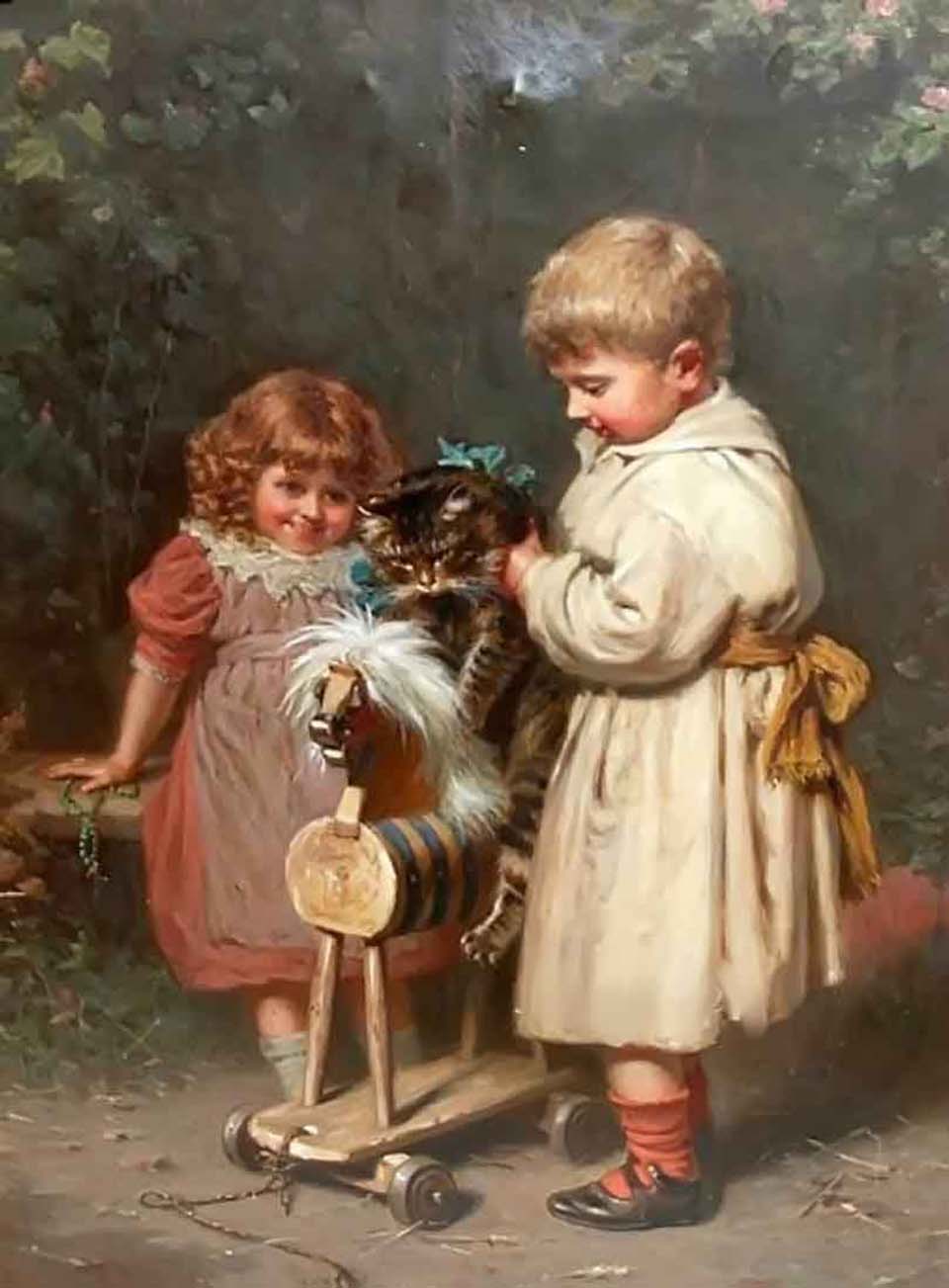 Two children putting cat on wooden rocking horse