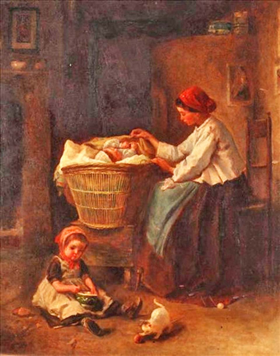 A mother and her children in a cottage interior