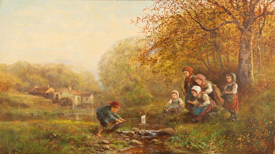 Children at play by stream - 1