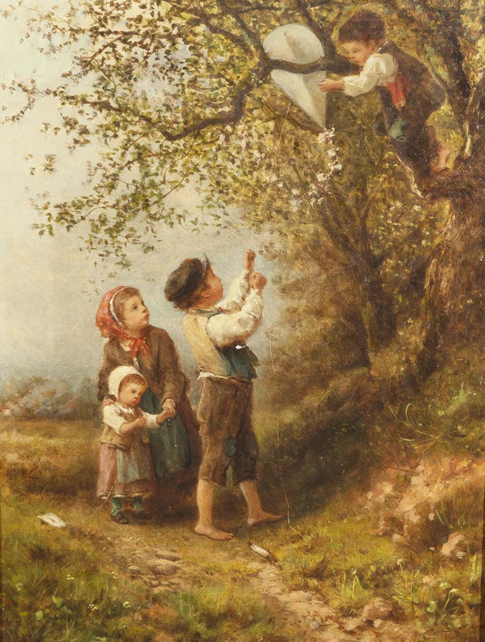 Children getting kite out of a tree
