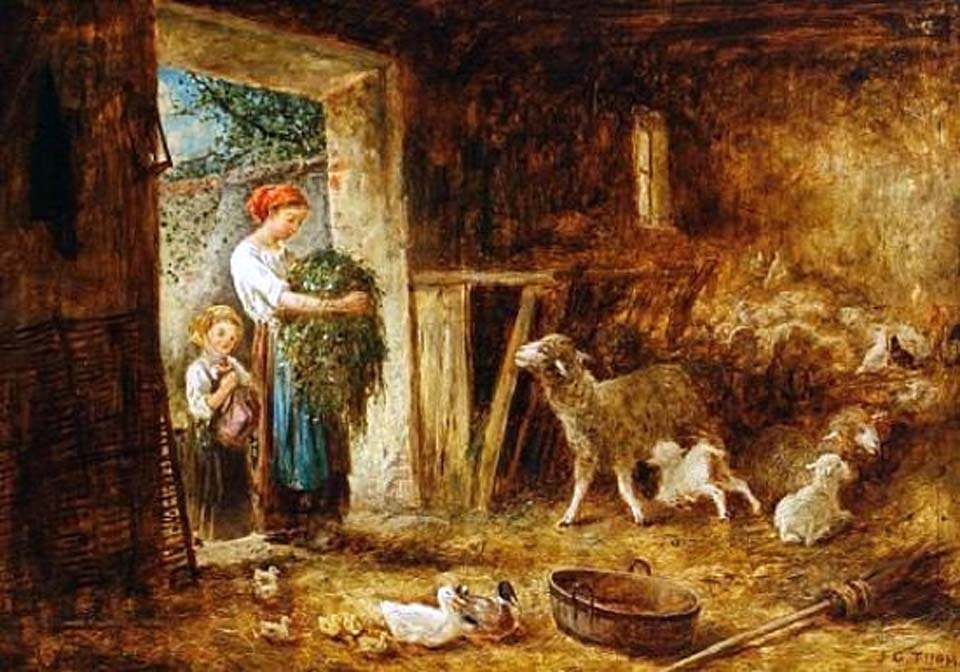 Mother and child in a barn with sheep and ducks