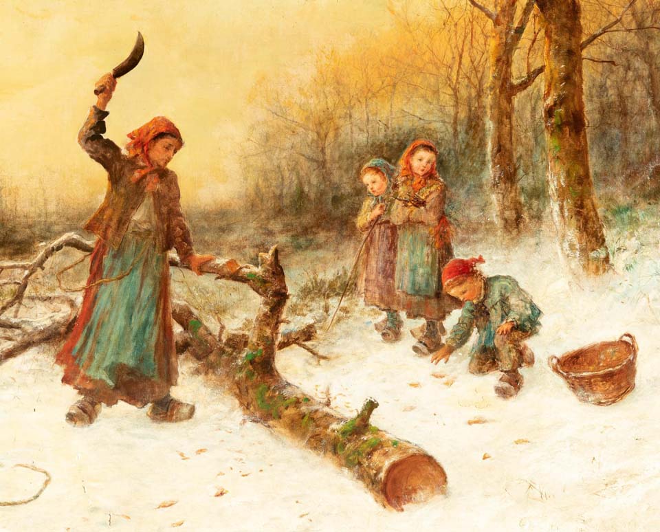 Widower with three children cutting wood in the snow