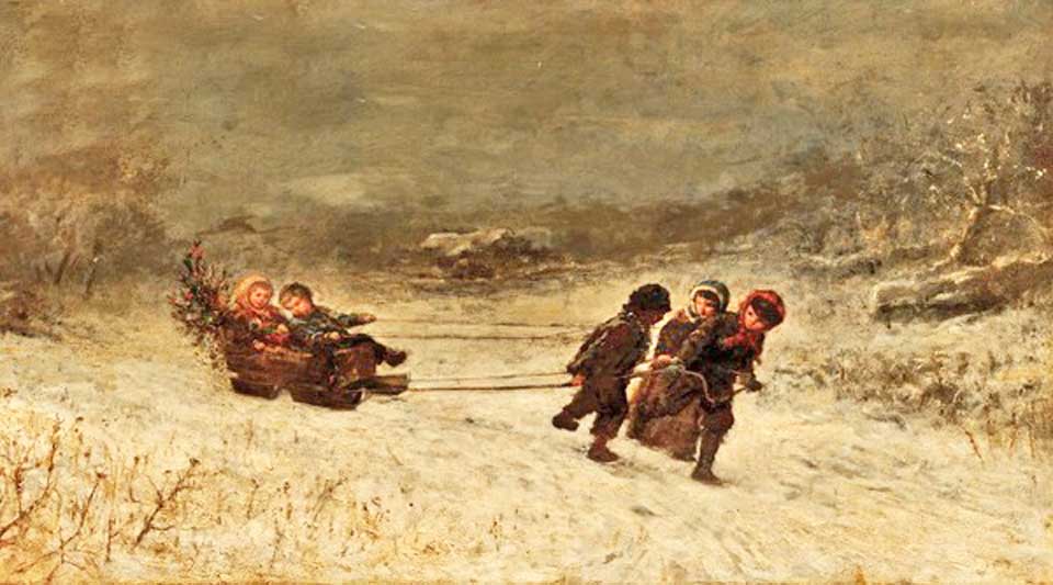 Winter scene with children sledding - 1