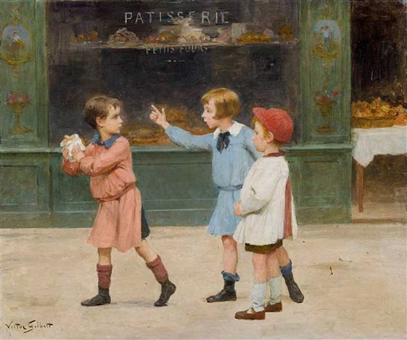 Three children in front of the bakery